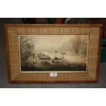 AN INDISTINCTLY SIGNED FRAMED AND GLAZED ETCHING OF A PARISIAN SCENE
