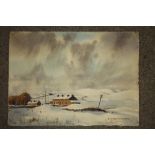 AN UNFRAMED WATERCOLOUR OF FARMHOUSE WINTER LANDSCAPE