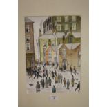 A FRAMED AND GLAZED LOWRY STYLE WATERCOLOUR OF FIGURES IN A NORTHERN TOWN SCENE