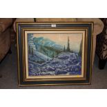 A FRAMED OIL ON BOARD DEPICTING A MOUNTAINOUS LANDSCAPE INITIALLED E M W