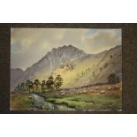 AN UNFRAMED WATERCOLOUR OF A MOUNTAIN STREAM LANDSCAPE SIGNED E CHARLES SIMPSON