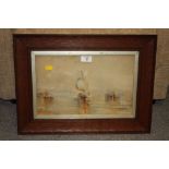 AN OAK FRAMED AND GLAZED WATERCOLOUR DEPICTING SAIL BOATS AT SEA