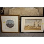 A FRAMED AND GLAZED WATERCOLOUR OF A CASTLE TOGETHER WITH A FRAMED WATERCOLOUR OF A WINDMILL