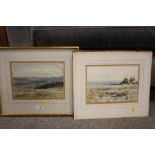 A FRAMED AND GLAZED WATERCOLOUR LANDSCAPE TOGETHER WITH AN UNFRAMED WATERCOLOUR OF SHEEP WATERING