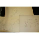 TWO UNFRAMED PENCIL SKETCHES OF HORSES TOGETHER WITH A WATERCOLOUR EXAMPLE