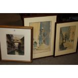 TWO FRAMED AND GLAZED WATERCOLOURS BY DOUGLAS STARK TOGETHER WITH A VENETIAN SCENE WATERCOLOUR (3)