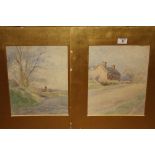 A PAIR OF GILT MOUNTED WATERCOLOURS OF COUNTRY COTTAGES BY WILLIAM ROSEALADE