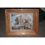 AN UNSIGNED PINE FRAMED OIL ON BOARD ROCKY COASTAL SCENE