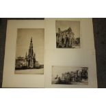 THREE UNFRAMED ETCHINGS OF BUILDINGS SIGNED LOWER RIGHT