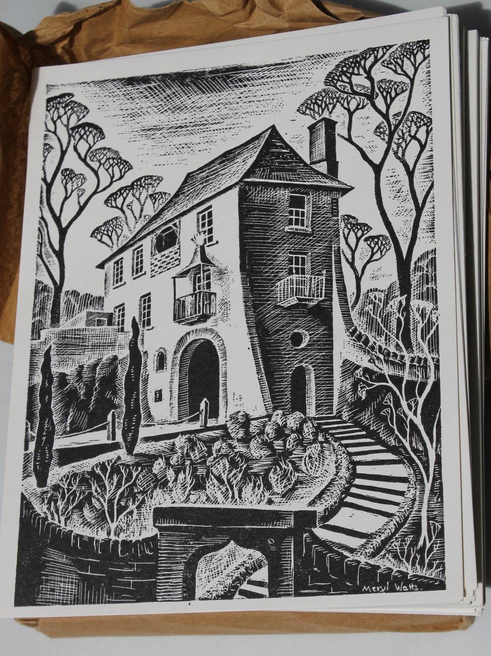 MERYL WATTS (b.1910). Two boxes of woodcut postcards of Portmeirion and the surrounding area, - Image 4 of 5