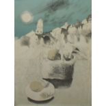 MARY FEDDEN (b.1915). a modernist study of fruit with moonlit village inn background, signed in