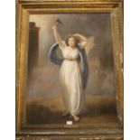 ENGLISH SCHOOL (XIX). Pastel study of a female in classical dress holding an axe, gilt framed and