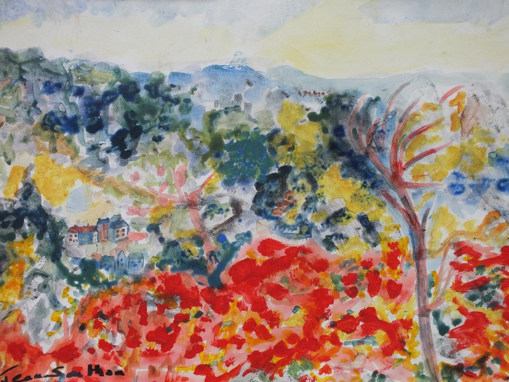 JEAN SOUTHON. Twentieth century impressionist landscape with hamlet, hills beyond, signed lower