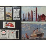 FRAMED TITANIC AND WHITE STAR MEMORABILIA, to include postcards, cigarette cards and match box,