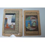 TWO EARLY 19TH / EARLY 20TH INDIAN MOGHUL SCHOOL PALACE SCENES WITH FIGURES, inscribed, unsigned,
