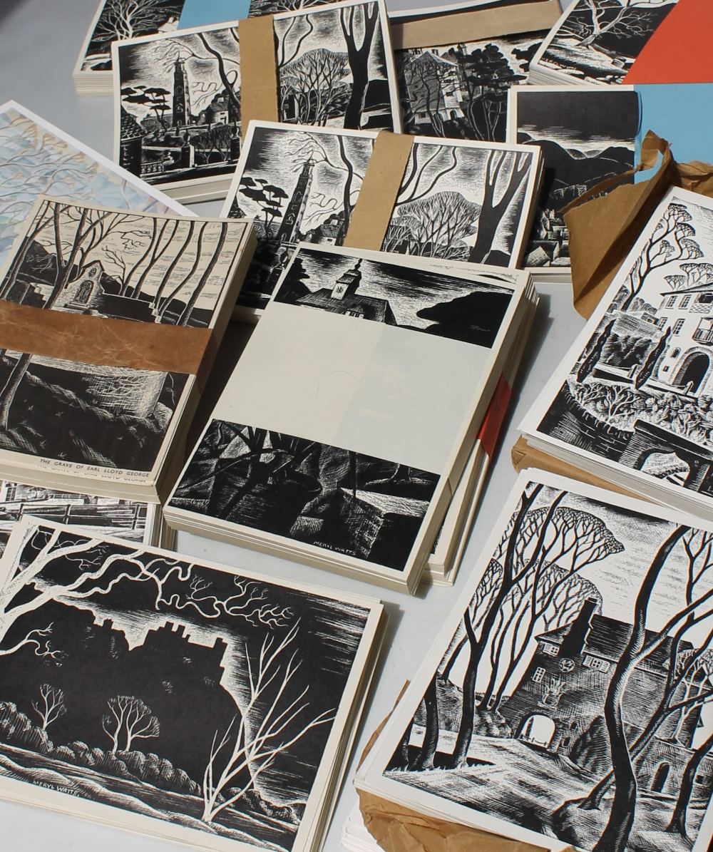 MERYL WATTS (b.1910). Two boxes of woodcut postcards of Portmeirion and the surrounding area,