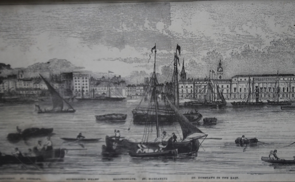 A SET OF FIVE 19TH CENTURY ENGRAVINGS OF LONDON THAMES SCENES, with inscriptions, smallest 13 x 78 - Image 3 of 10