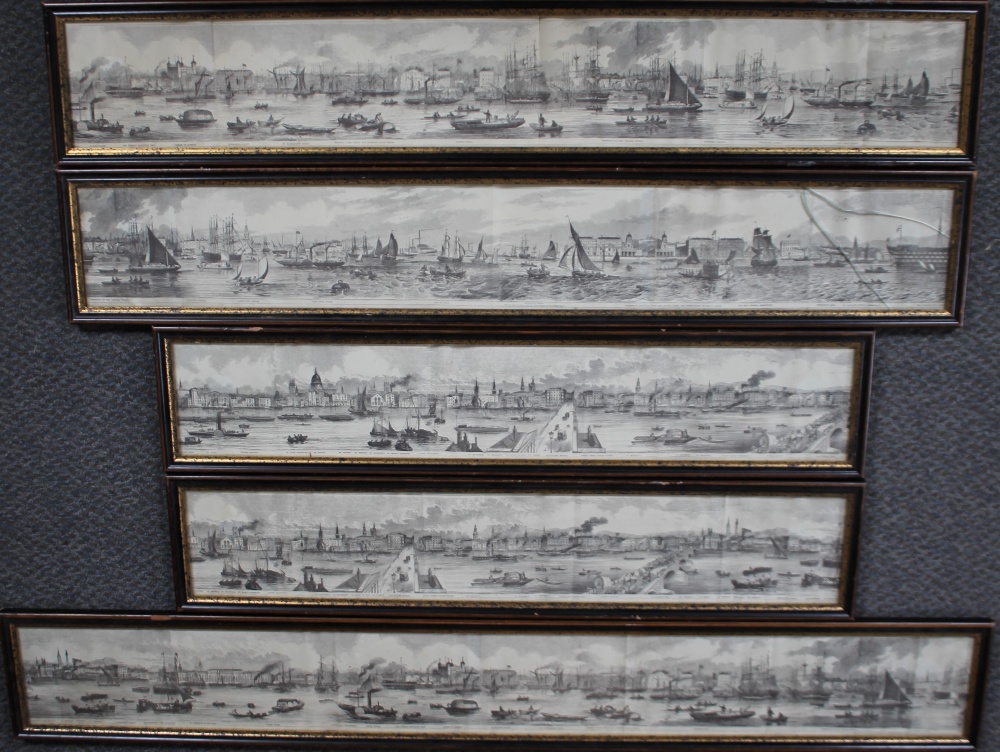 A SET OF FIVE 19TH CENTURY ENGRAVINGS OF LONDON THAMES SCENES, with inscriptions, smallest 13 x 78