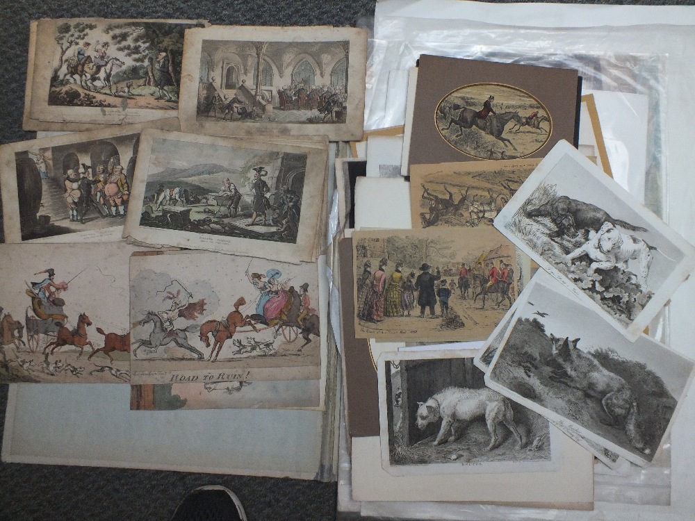 TWO FOLDERS OF MAINLY 19TH CENTURY ENGRAVINGS, ETCHINGS, AQUATINTS ETC., horses hunting and - Image 5 of 6