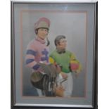 DEREK WILLIAMS. Twentieth century British school, study of two jockeys in colours with saddle, whips