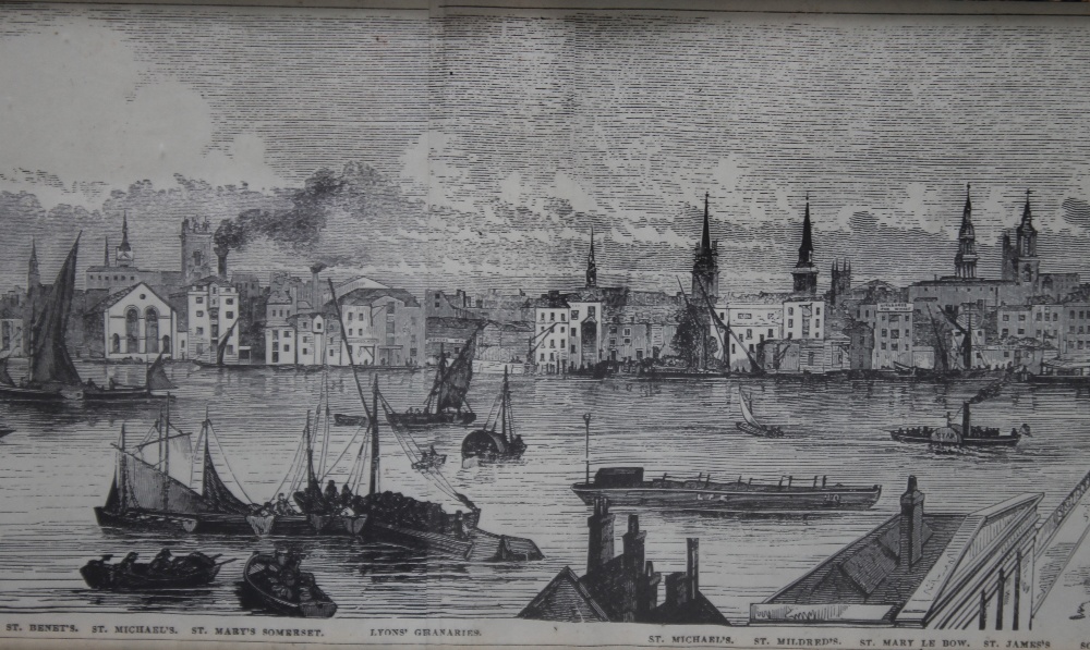 A SET OF FIVE 19TH CENTURY ENGRAVINGS OF LONDON THAMES SCENES, with inscriptions, smallest 13 x 78 - Image 7 of 10