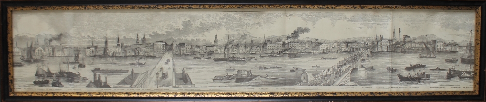 A SET OF FIVE 19TH CENTURY ENGRAVINGS OF LONDON THAMES SCENES, with inscriptions, smallest 13 x 78 - Image 5 of 10