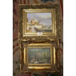 TWO GILT FRAMED OIL PAINTINGS DEPICTING WINTER SCENES - ONE ON TIN (2)