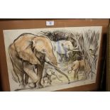 A FRAMED AND GLAZED LITHO PRINT OF ELEPHANTS SIGNED MAURICE FIEVET