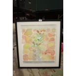 A MODERN FRAMED ABSTRACT WATERCOLOUR SIGNED J. CAM 78