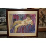 A FRAMED OIL ON PAPER DEPICTING A RECLINING NUDE BY MARIA - LOUISA MEAKINS