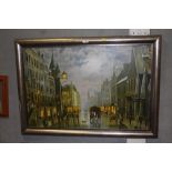 A LARGE MODERN OIL ON CANVAS DEPICTING A MOONLIT STREET SCENE WITH HORSE AND CARRIAGE