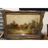 A PAIR OF UNSIGNED GILT FRAMED AND GLAZED OILS ON BOARD DEPICTING RUSTIC COTTAGE SCENES