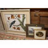 A FRAMED OIL ON CANVAS OF A MAGPIE ON A BRANCH SIGNED SOBLEPSKI TOGETHER WITH A FRAMED AND GLAZED