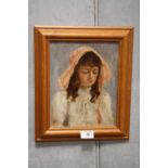 A FRAMED OIL ON BOARD PORTRAIT STUDY OF A GIRL IN A BONNET INITIALLED E. W.