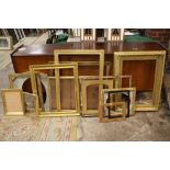 A QUANTITY OF VINTAGE GILT PICTURE FRAMES AND SLIPS ETC.