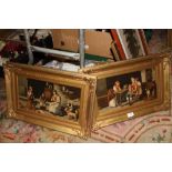 A PAIR OF GILT FRAMED OILS ON CANVAS DEPICTING INTERIOR SCENES WITH FIGURES AND DOGS