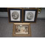 TWO 19TH CENTURY STYLE ENGRAVINGS TOGETHER WITH A GILT FRAMED 19TH CENTURY LITHOGRAPH THE MINUET (