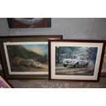 A SIGNED LIMITED EDITION FRAMED AND GLAZED RALLY CAR PRINT BY ROBIN OWEN TOGETHER WITH ANOTHER BY