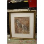 A GILT FRAMED OIL ON CANVAS LAID N BOARD DEPICTING ROMANESQUE STATUES BY MICHAEL HESELTINE