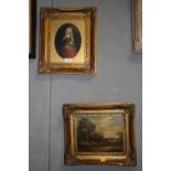 A GILT FRAMED OIL ON BOARD DEPICTING A COUNTRY LANDSCAPE - SIGNED C JOYCE, TOGETHER WITH A PRINT