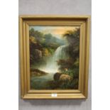 A FRAMED OIL ON CANVAS OF A WATERFALL, SIGNED LOWER RIGHT