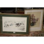 A HAND COLOURED FRENCH ETCHING OF A SPANIEL CHASING A HARE BY LEON DANCHIN, TOGETHER WITH A FRAMED