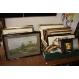 TWO BOXES OF ASSORTED WATERCOLOURS, OILS AND PRINTS