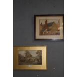 TWO FRAMED AND GLAZED WATERCOLOURS TO INCLUDE A VILLAGE SCENE WITH FIGURES INITIALLED T.M.D.