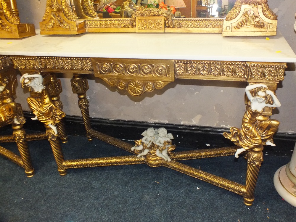 A HUGE GILT MARBLE TOPPED CONSOLE TABLE WITH MIRROR, DECORATED WITH FIGURATIVE CHERUBIC DETAIL - H - Image 2 of 4