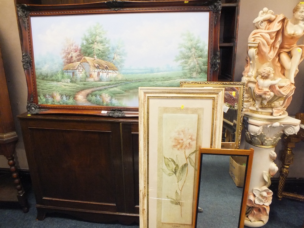 A LARGE VINTAGE OIL ON CANVAS OF A RUSTIC COTTAGE TOGETHER WITH TWO MIRRORS AND A PRINT