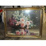 A LARGE GILT FRAMED AND GLAZED FLORAL STILL LIFE PRINT