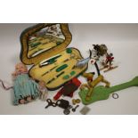 A BAG OF VINTAGE TOYS TO INCLUDE WOODEN AND TIN PLATE EXAMPLES TOGETHER WITH AN ART DECO MANICURE