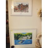 A FRAMED AND GLAZED LOCAL INTEREST EMMA JOUSTRA PICTURE OF THE FARMERS MARKET IN STONE, TOGETHER