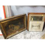 A VINTAGE PRINT OF A HORSE AND FOAL TOGETHER WITH A PAIR OF OAK FRAMED PRINTS ETC
